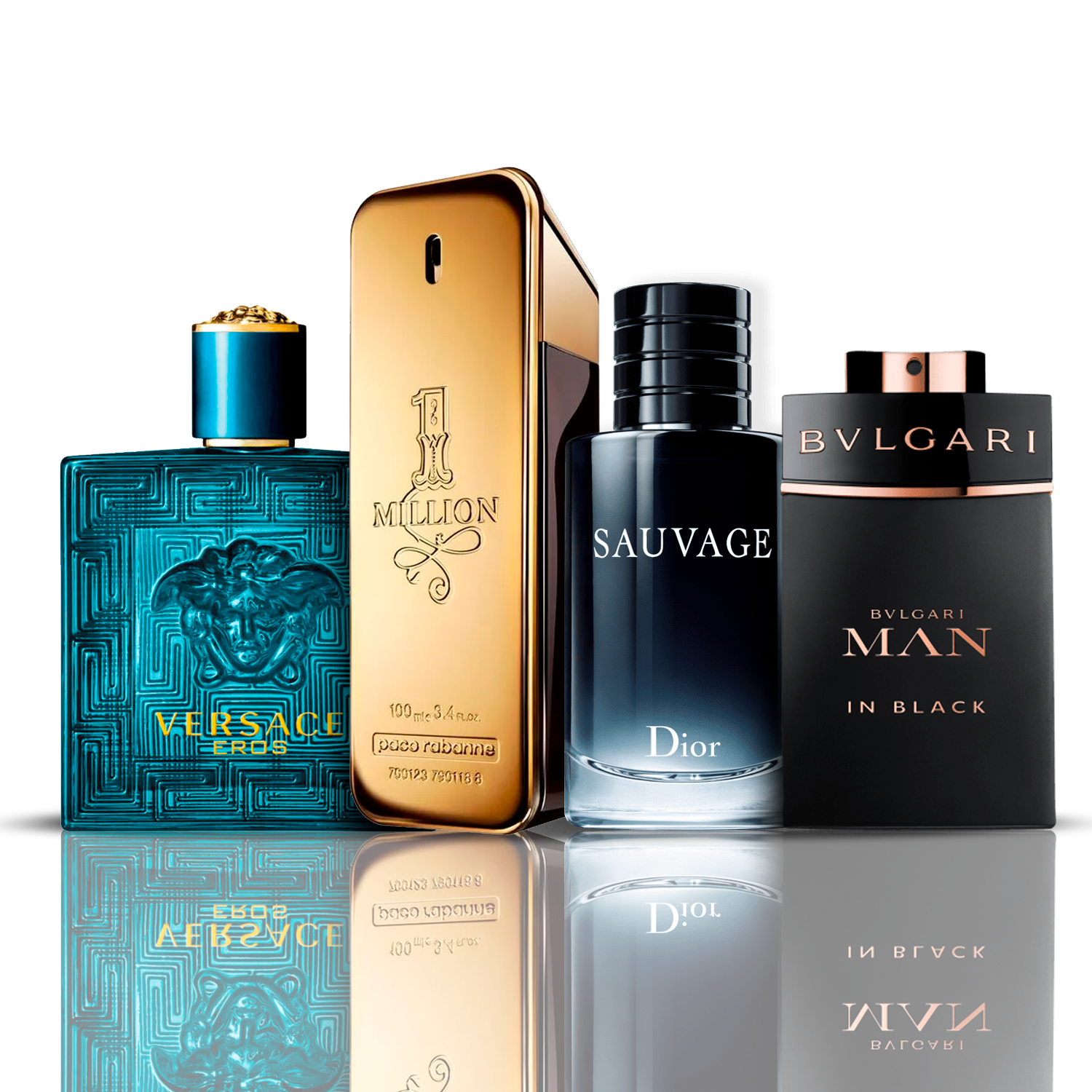 Conjunto de 4 Perfumes | Eros Versace + One Million Paco Rabanne + Bvlgari Man in Black + Sauvage Dior 100 ml